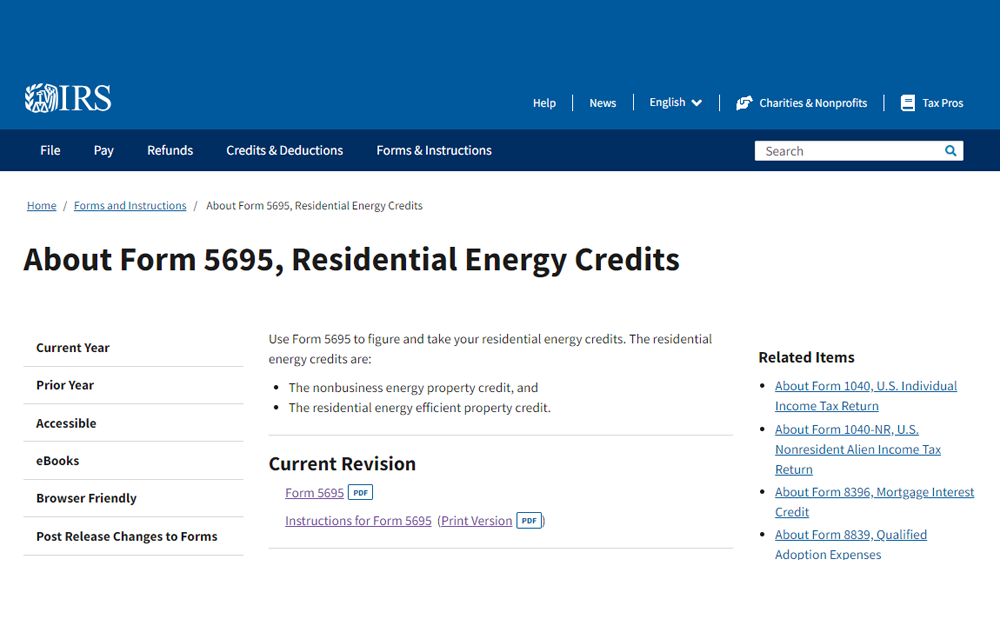 Screenshot of Internal Revenue Service website containing details about Form 5695 or the Residential Energy Credits.